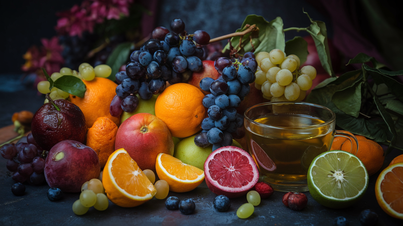 Potraviny bohaté na antioxidanty na tmavém pozadí