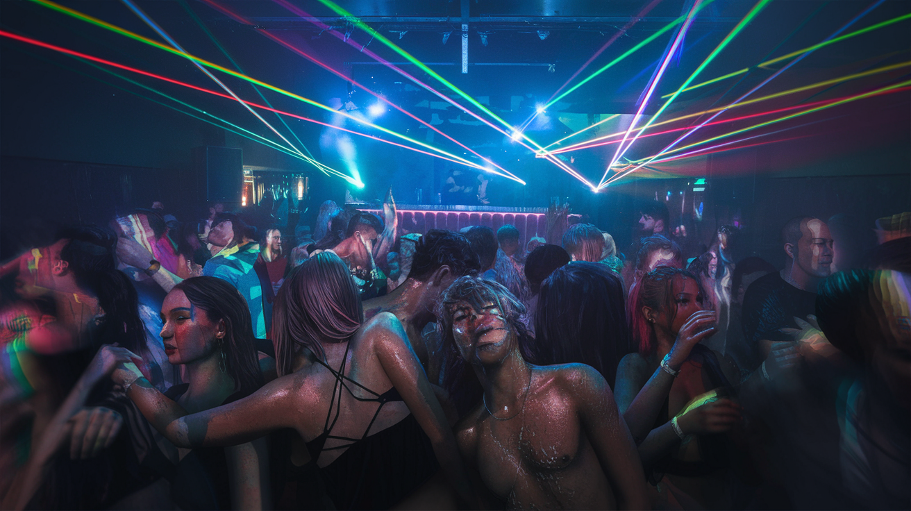 Lidé tančící na rave party s neonovými světly