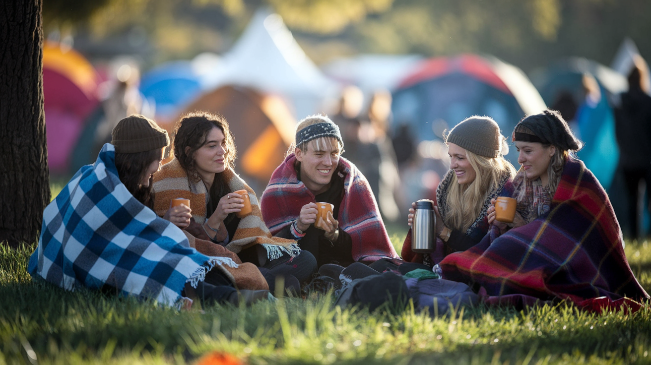 Přátelé se vzájemně podporují po festivalu v ranním slunci