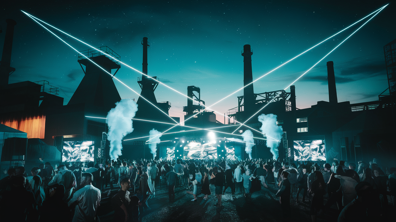 Elektronická hudba na festivalu v industriálním prostředí