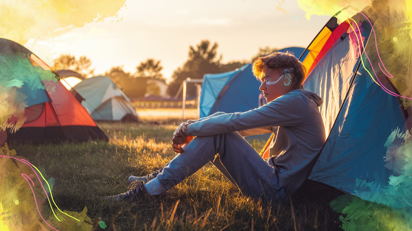 Unavený člověk sedící při úsvitu na festivalu — regenerace po párty