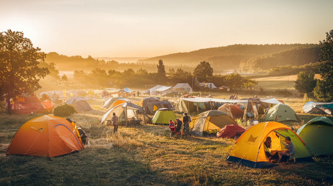 Festivalový camp při východu slunce