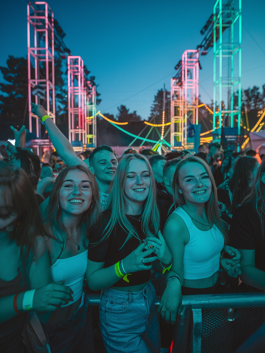 Skupina mladých lidí tančících na elektronickém festivalu se špunty v uších — harm reduction