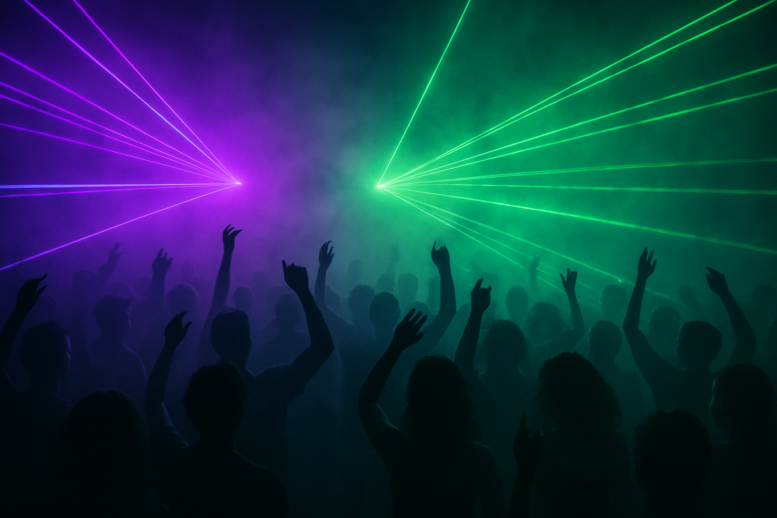 Taneční plocha na rave akci s fialovými a zelenými lasery, siluety tančících lidí