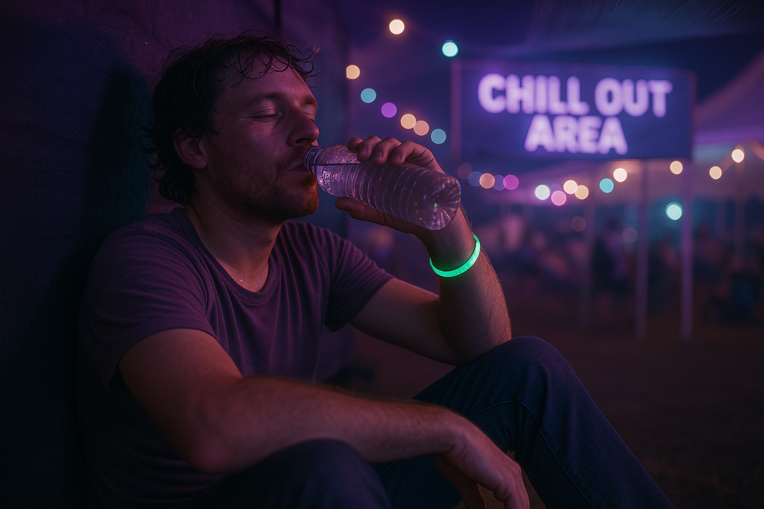 Člověk odpočívá na festivalu s lahví vody