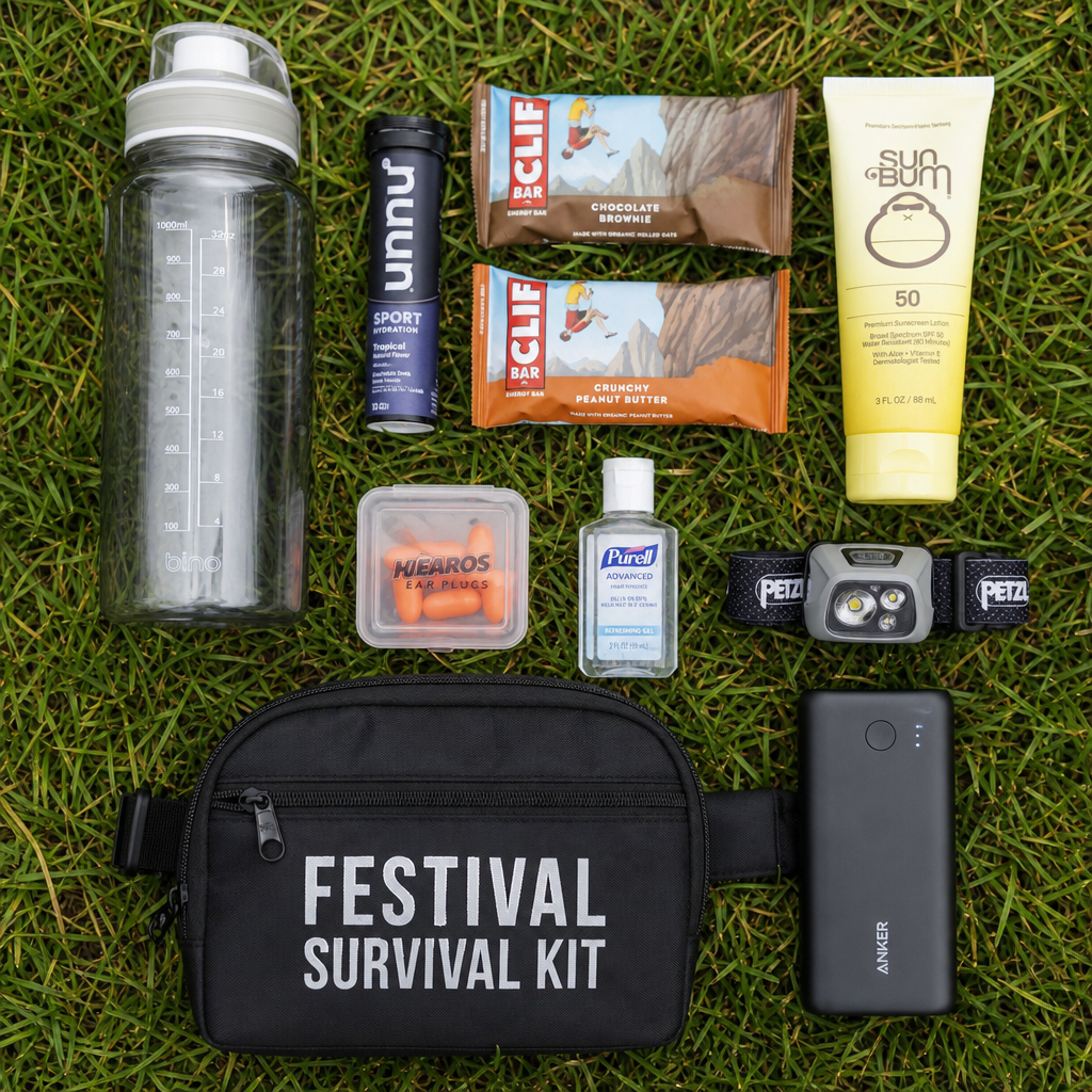 Obsah záchranného batohu na festival — voda, vitamíny, powerbanka, špunty