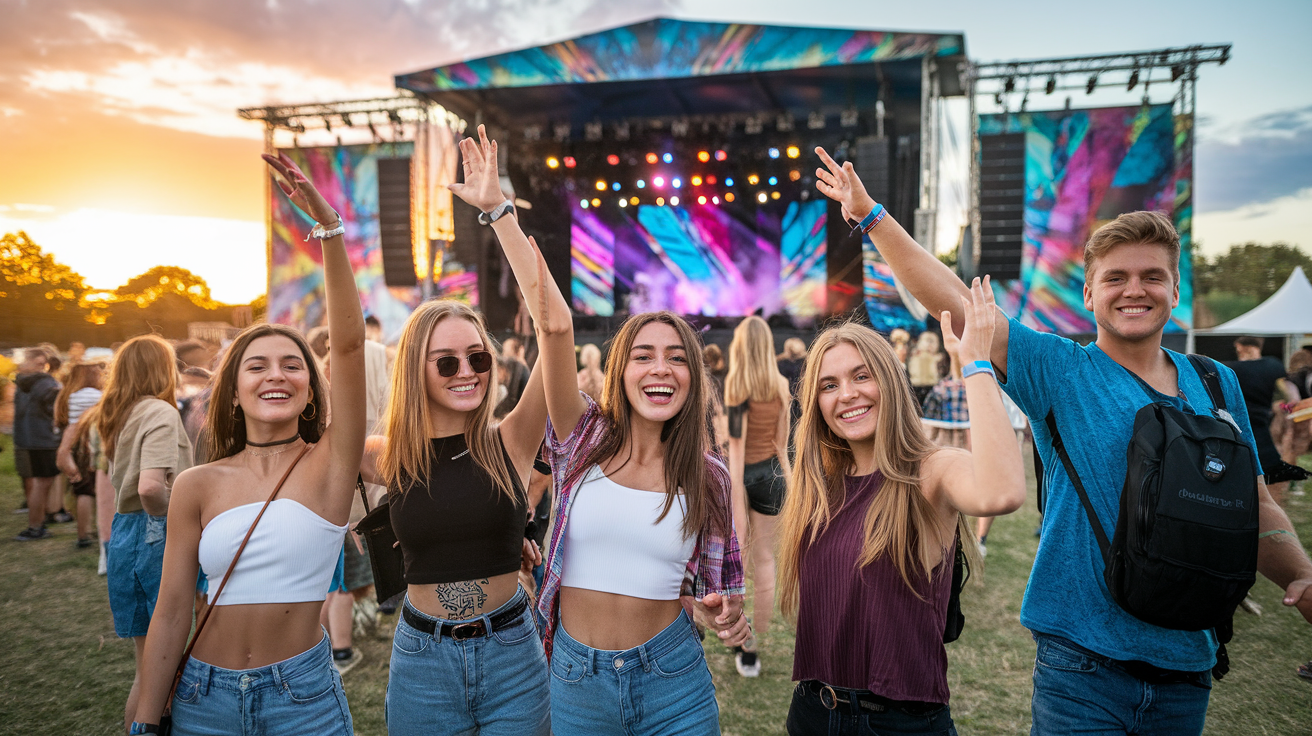 Skupina přátel na festivalu při západu slunce