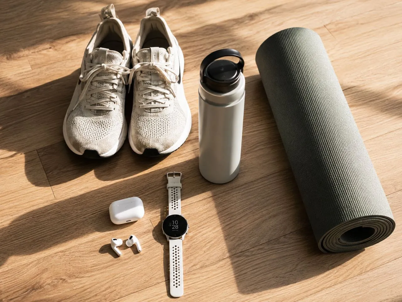 Sportovní vybavení na přípravu na festival — běžecké boty, yoga mat, lahev na vodu, fitness hodinky a sluchátka