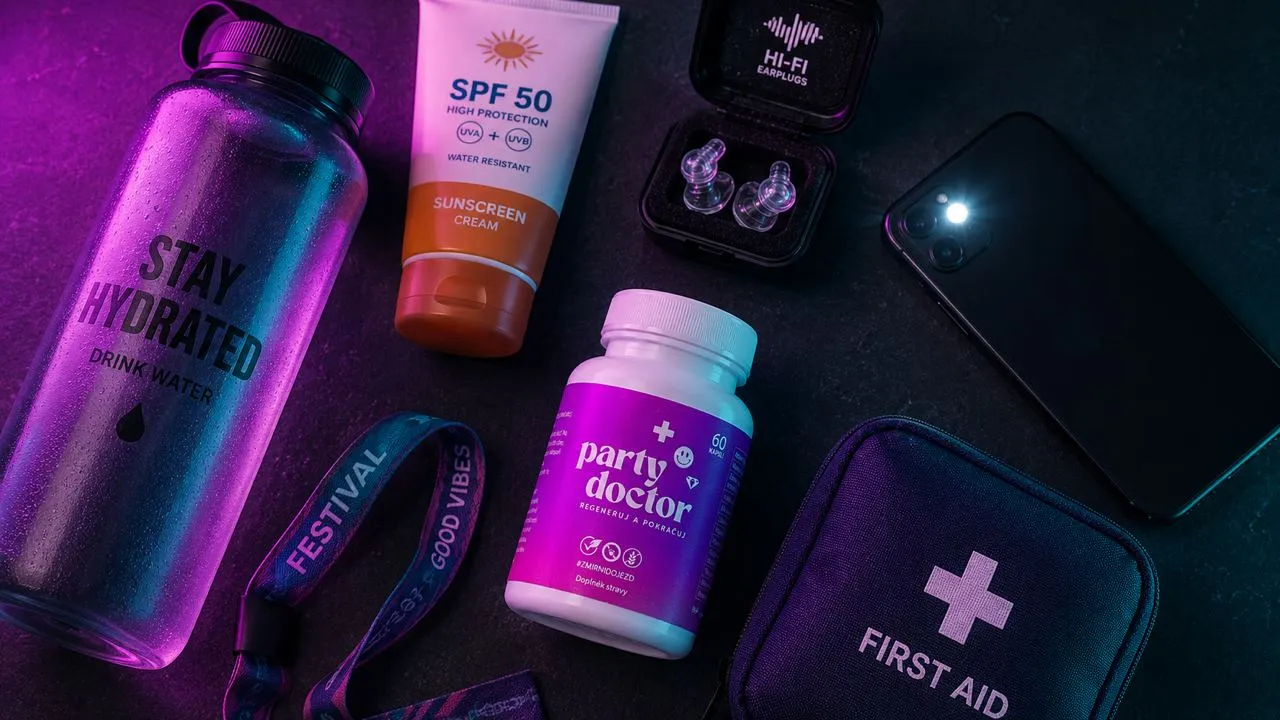 Festivalový harm reduction kit — lahev na vodu, opalovací krém SPF 50, hi-fi špunty do uší, Party Doctor, lékárnička a festivalové náramky