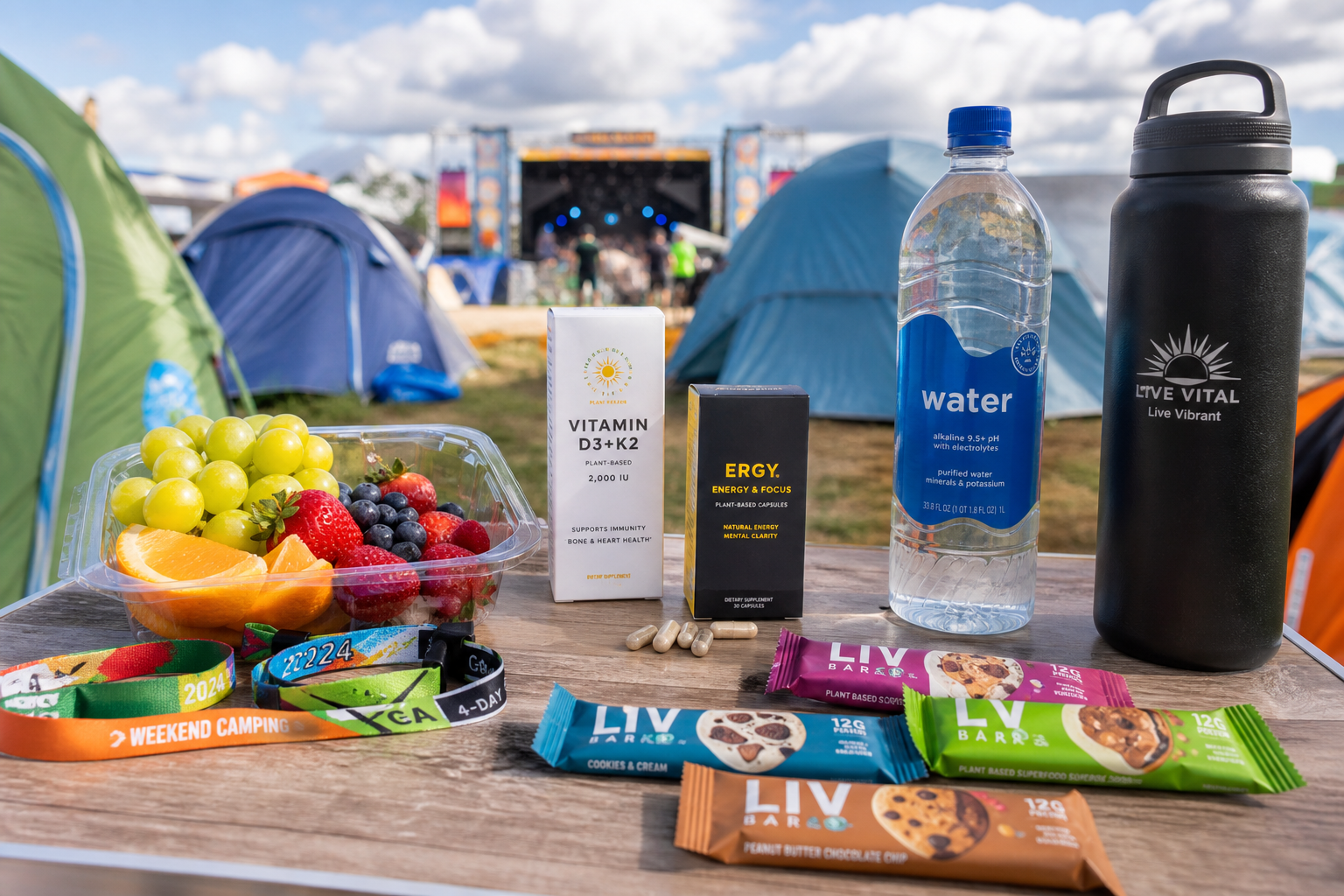 Zdravé jídlo a doplňky stravy na festivalovém kempu